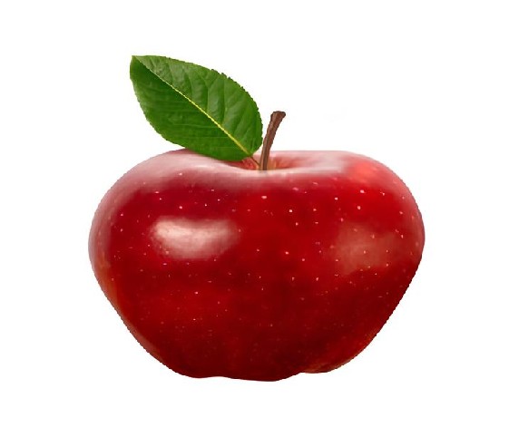 A glossy red apple adorned with a single green leaf