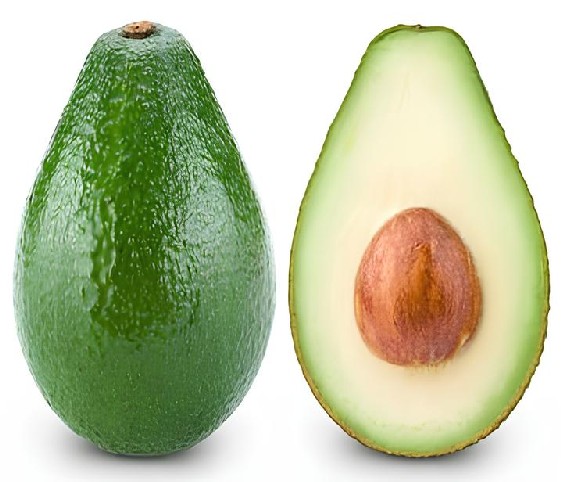 Two halves of a ripe avocado displayed side by side.