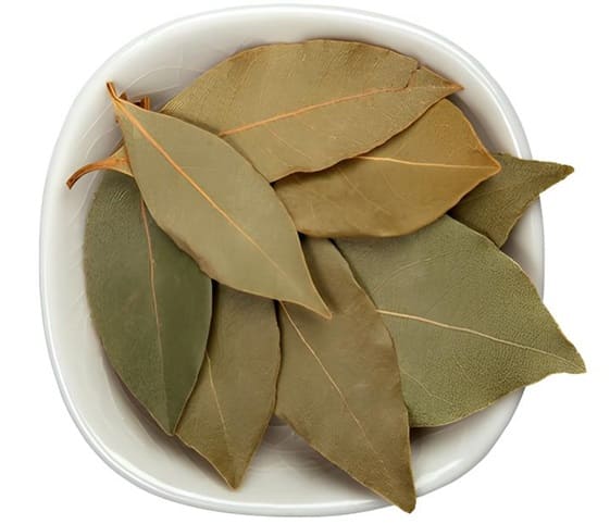 Bay Leaves A bowl filled with dried bay leaves, set against a clean white background.