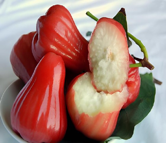 A bowl of bell fruits, complemented by green leaves
