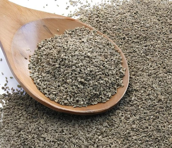 Carom Seeds A detailed depiction of carom seeds with a wooden spoon.