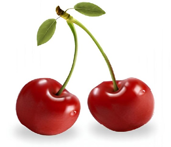Two vibrant cherries with green leaves resting on a clean white background.