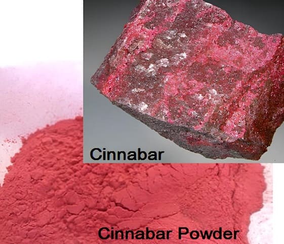 Cinnabar A close-up of vibrant red cinnabar crystals alongside a pile of fine cinnabar powder.