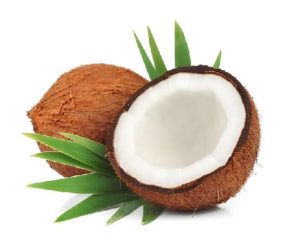 A whole coconut displayed on a white background