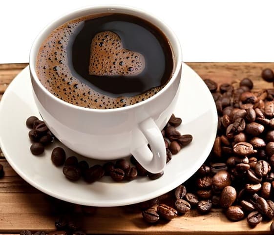 Coffee A freshly brewed cup of coffee with coffee beans on a wooden table.