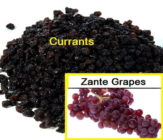 Currants A close-up of fresh and dried zanite grapes.