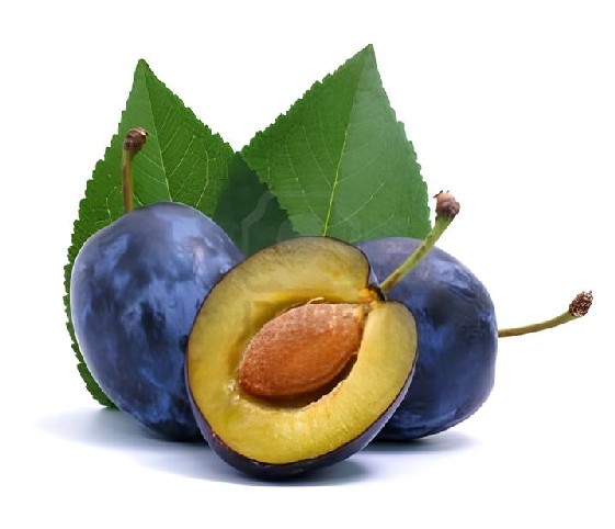 A collection of damson plums with green leaves.