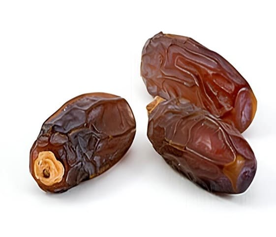 Dried Date Three dried dates arranged on a white background.