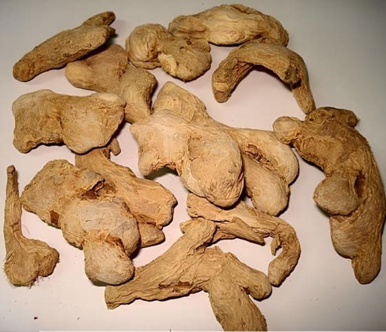 Dry Ginger A close-up view of a pile of dried ginger root resting on a clean white surface.