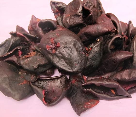 Dry Kokum Dried mangosteens arranged on a purple background.