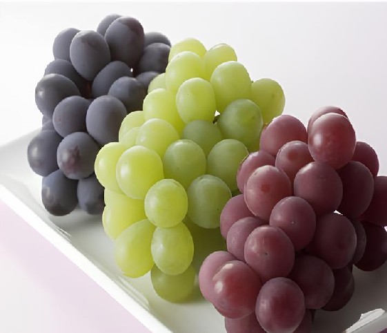 A close-up view of a plate adorned with a variety of ripe grapes