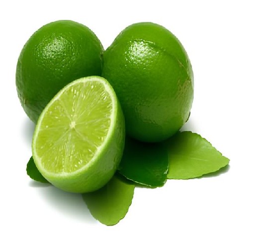 Two and a half limes with green leaves in white background