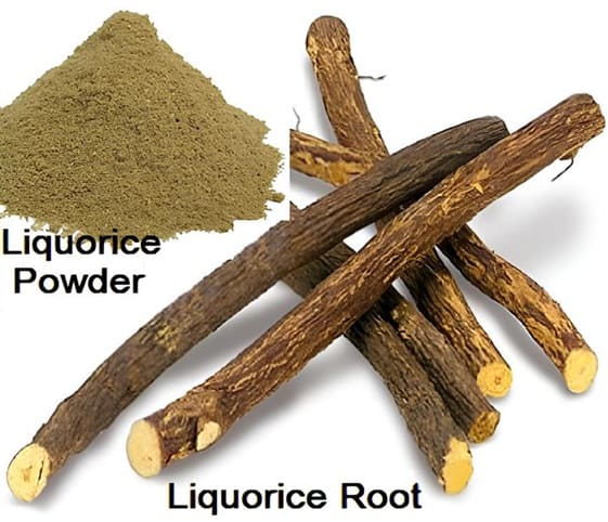 Liquorice A depiction of liquorice root with liquorice powder.