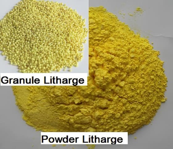 Litharge A close-up view of granule litharge with its powder.