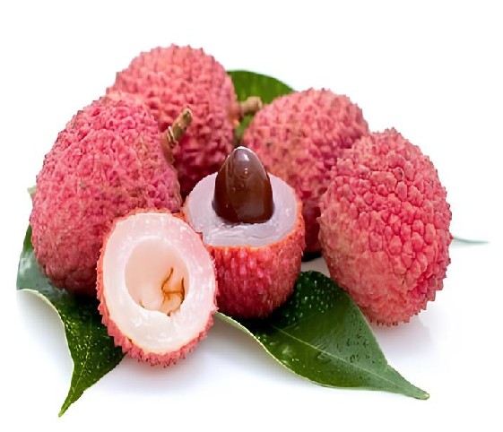 A cluster of litchi fruits with green leaves, set against a clean white background