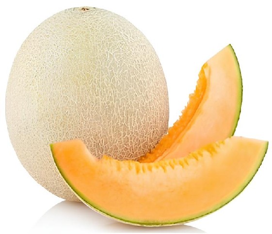 A whole muskmelon with two slices displayed on a clean white background