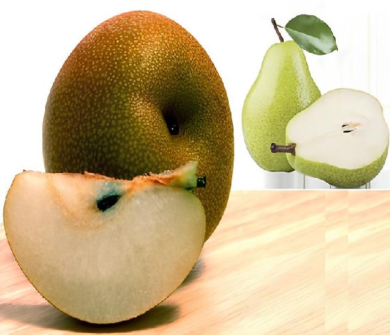 A whole pear alongside a slice of pear