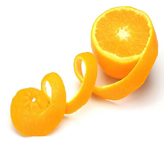 An orange peel resting on a clean white background.