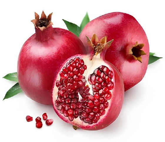 It is a round fruit with thick smooth skin that is red inside and full of seeds.