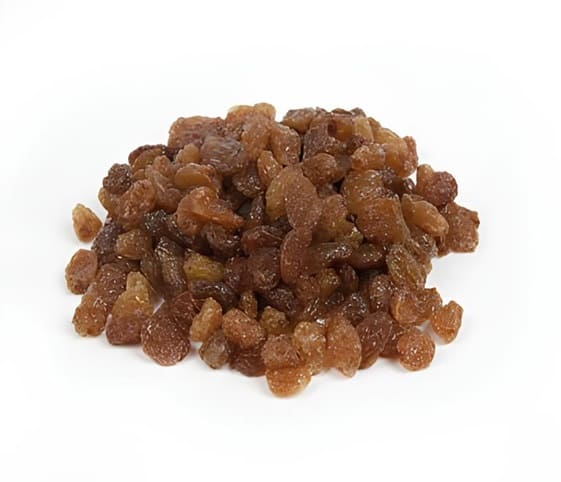 Raisin A small pile of dark raisins resting on a clean white background.