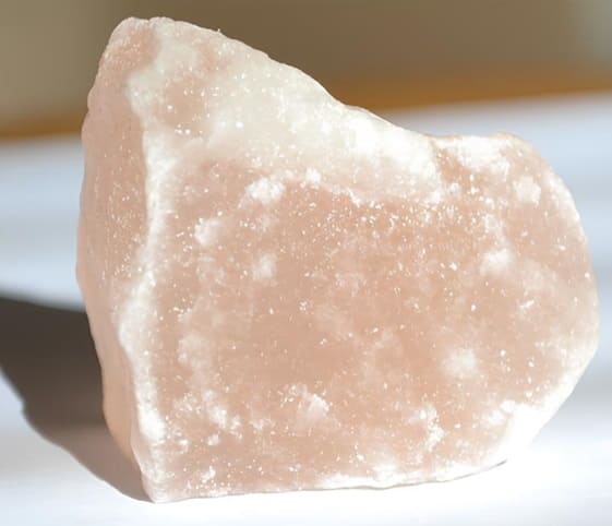 Rock Salt (White) A lump of a white rock salt resting on a white surface.