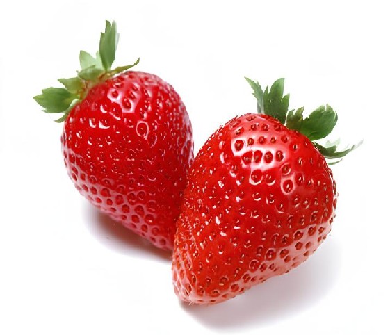 Two ripe strawberries displayed on a clean white background