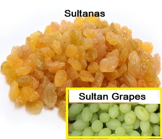 Sultanas A close-up of sulian grapes alongside fresh green grapes.