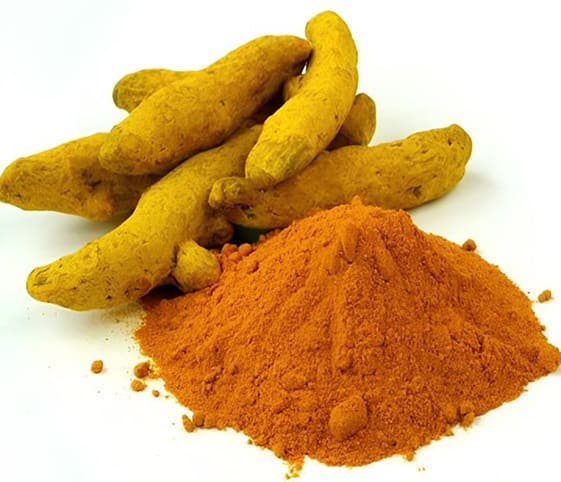 Turmeric Powder A close-up of vibrant turmeric powder alongside fresh turmeric roots or turmeric fingers on a white surface.