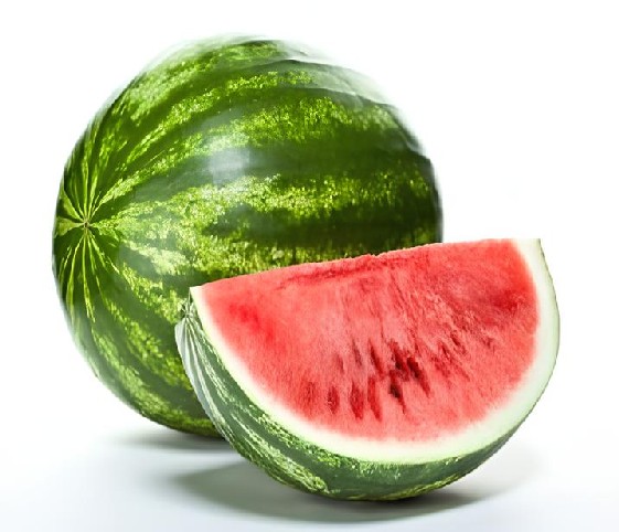 A watermelon with a slice of it, is positioned on a white background