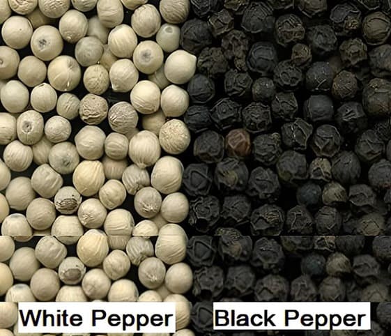 White Pepper A visual comparison of white and black pepper, presented in different sizes to emphasize their unique characteristics.