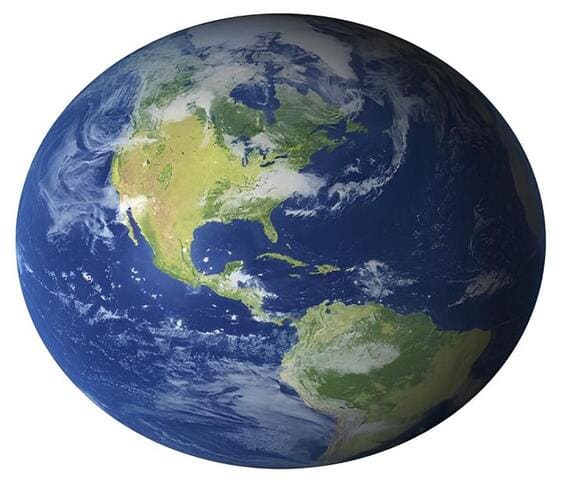 Earth A view of Earth from space, showcasing its blue oceans and green landmasses against a white background.