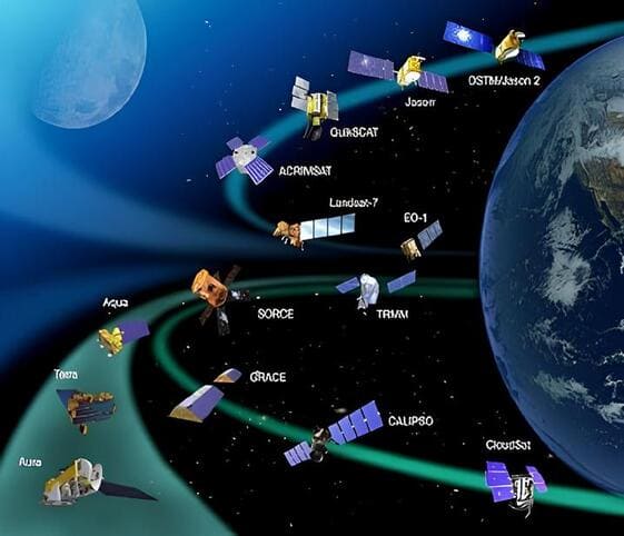 Satellite An illustration depicting various satellites in orbit, showcasing their design and arrangement in space.