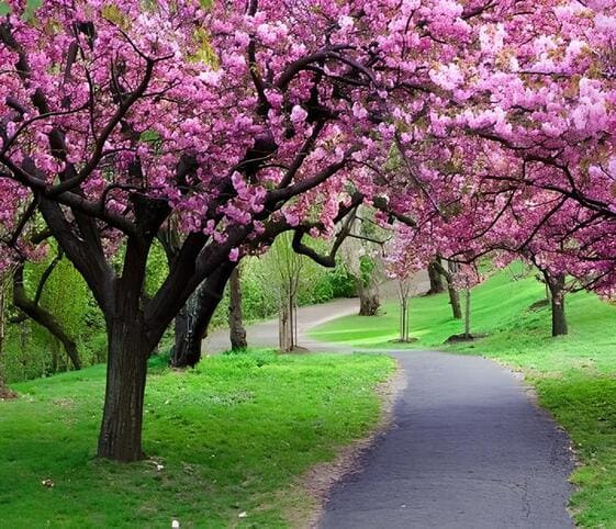 Spring Season A serene park path lined with blooming pink trees, embodying the beauty of springtime.