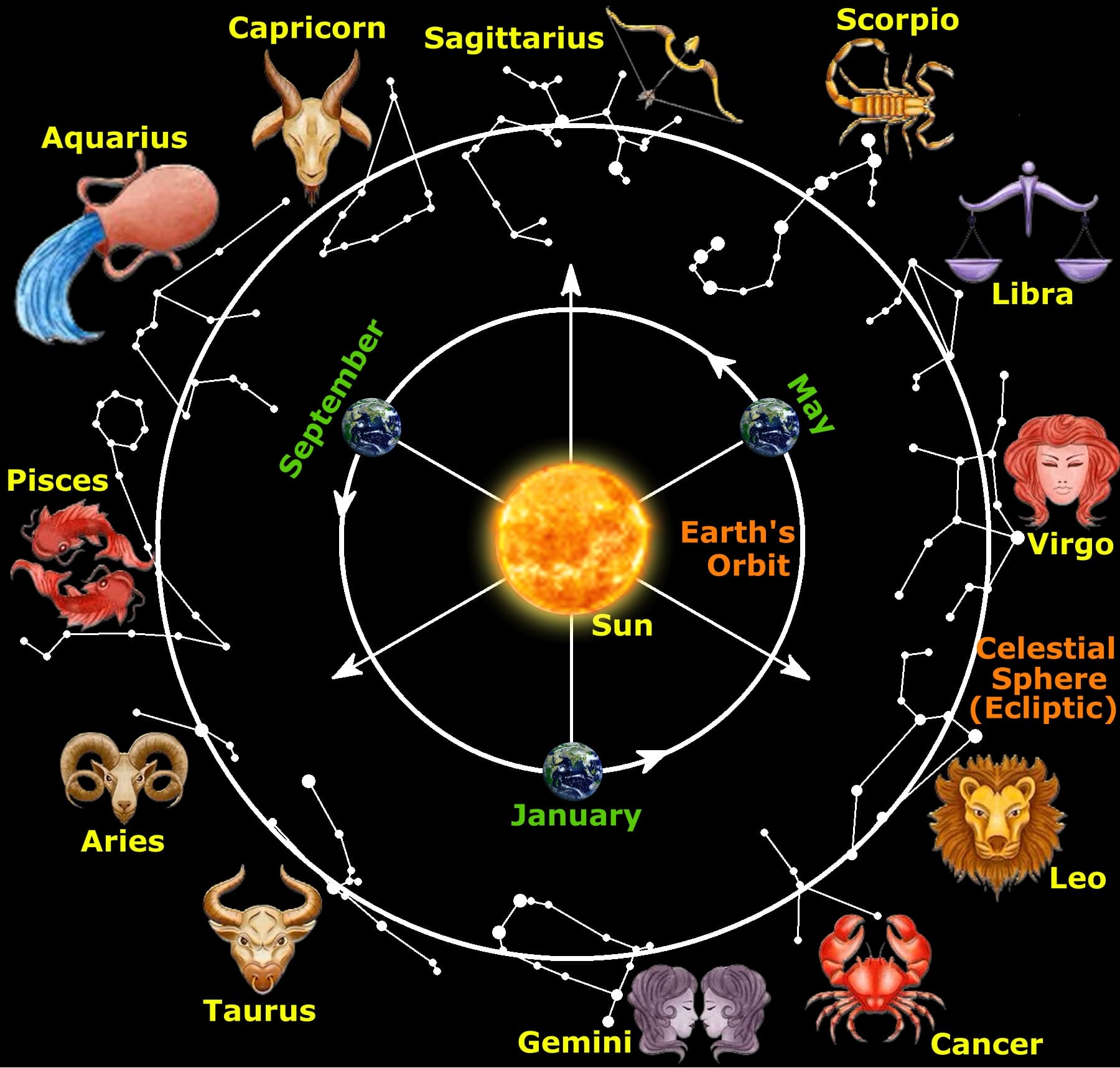 Zodiac Constellations An illustration of zodiac constellations, each symbol representing its unique meaning and characteristics.