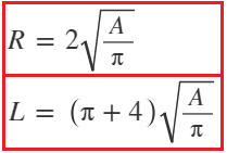Quarter circle formulae when Area is given
